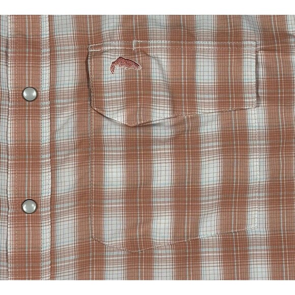 Simms Big Sky Fishing Shirt Men’s S Orange Plaid Pearl Snap Short Sleeve Vented - Picture 5 of 10